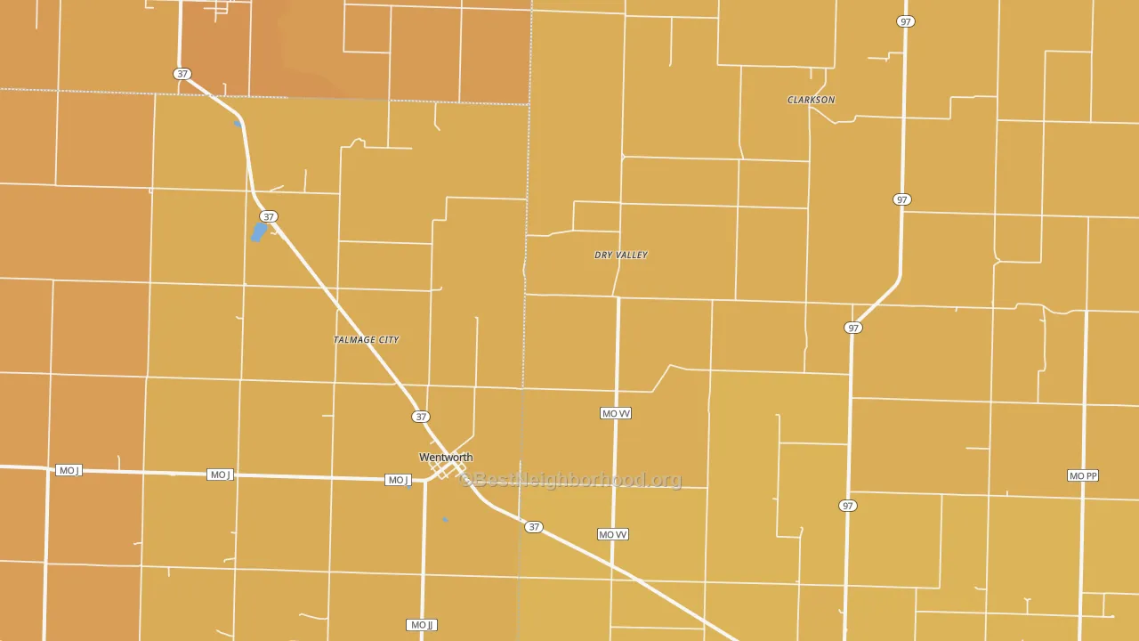 Map of the best neighborhoods in the 64873 area, with better matches in green and worse matches in red