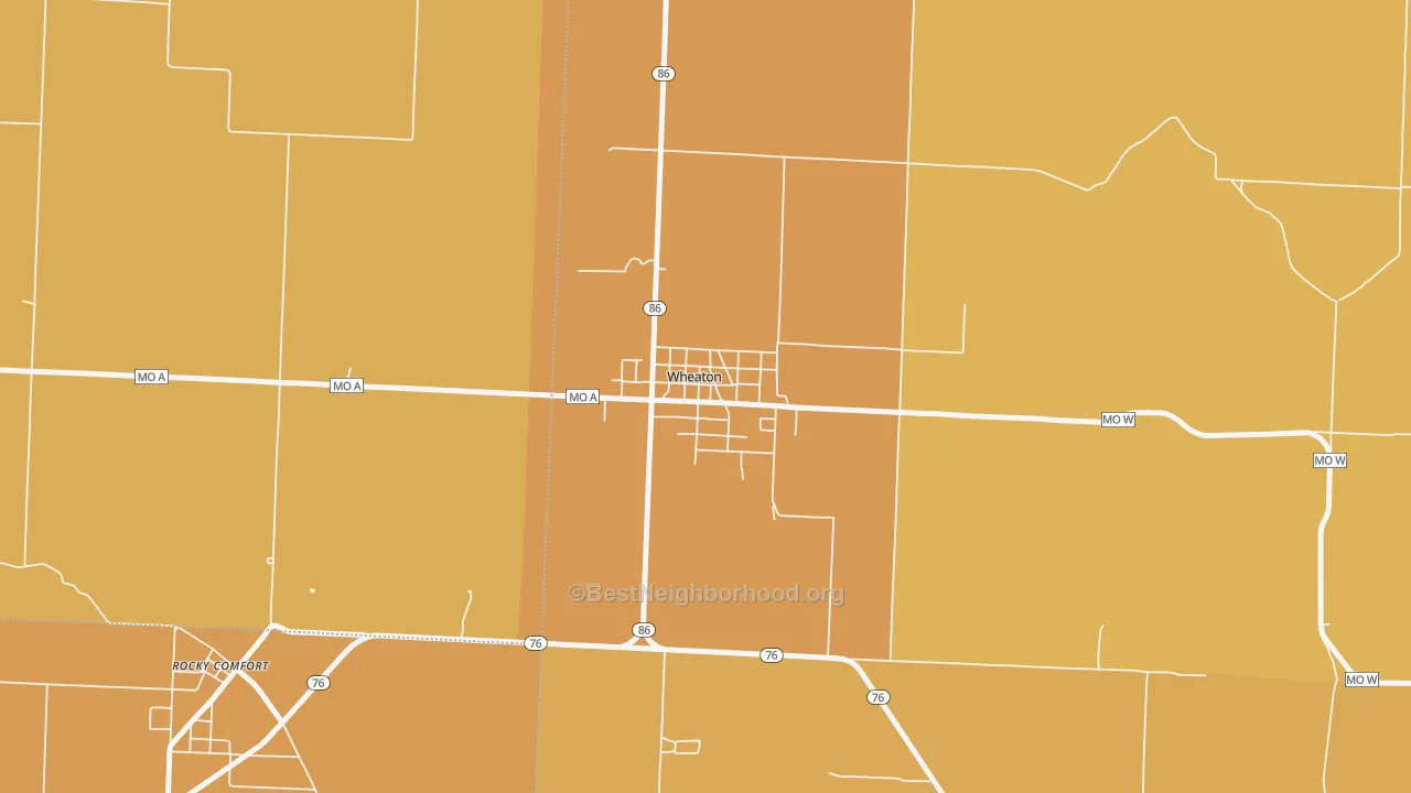 Map of the best neighborhoods in the 64874 area, with better matches in green and worse matches in red