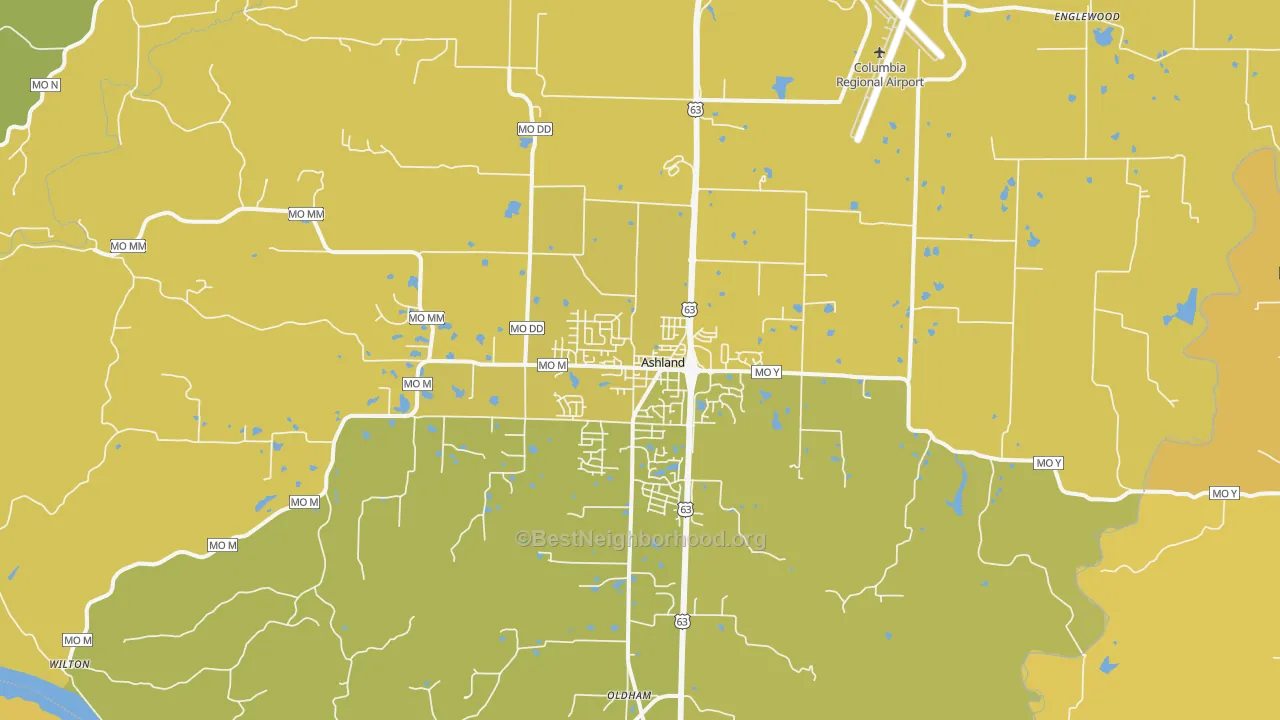 Map of the best neighborhoods in the 65010 area, with better matches in green and worse matches in red