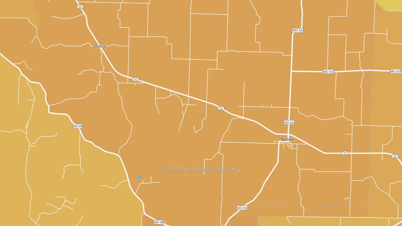 Map of the best neighborhoods in the 65011 area, with better matches in green and worse matches in red