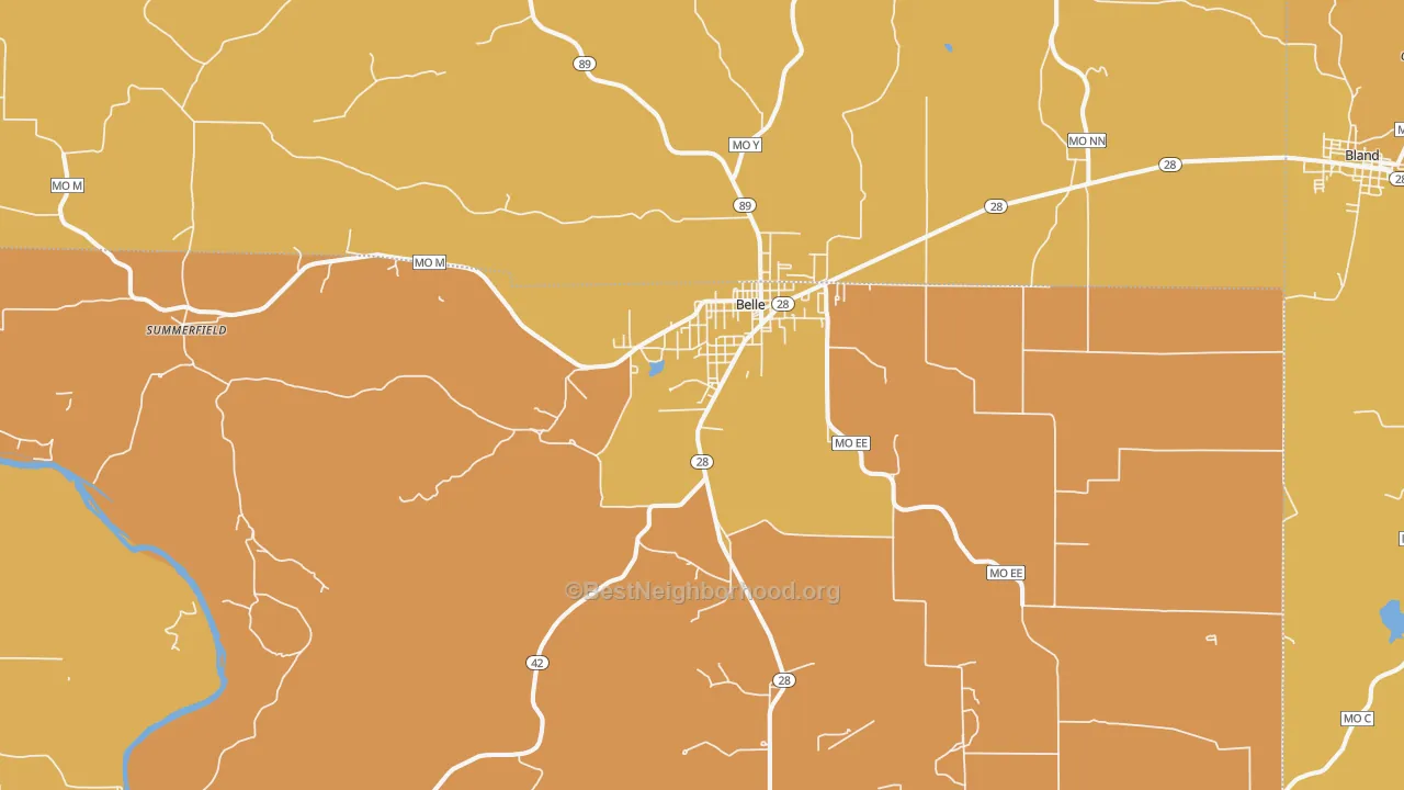 Map of the best neighborhoods in the 65013 area, with better matches in green and worse matches in red