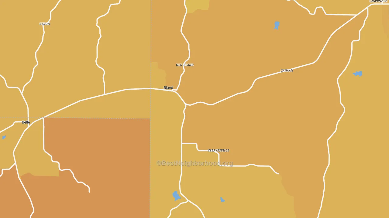 Map of the best neighborhoods in the 65014 area, with better matches in green and worse matches in red