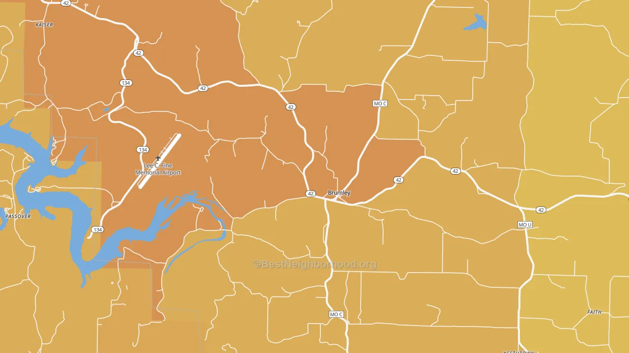 Map of the best neighborhoods in the 65017 area, with better matches in green and worse matches in red