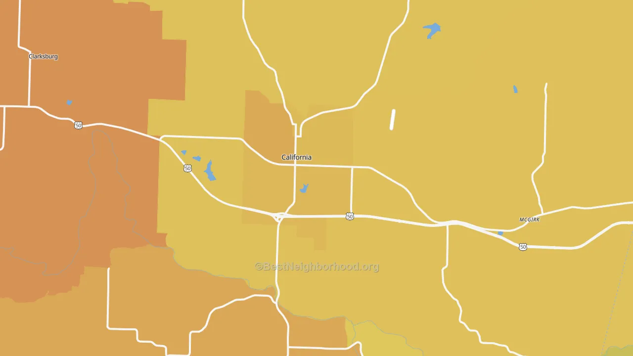 Map of the best neighborhoods in the 65018 area, with better matches in green and worse matches in red