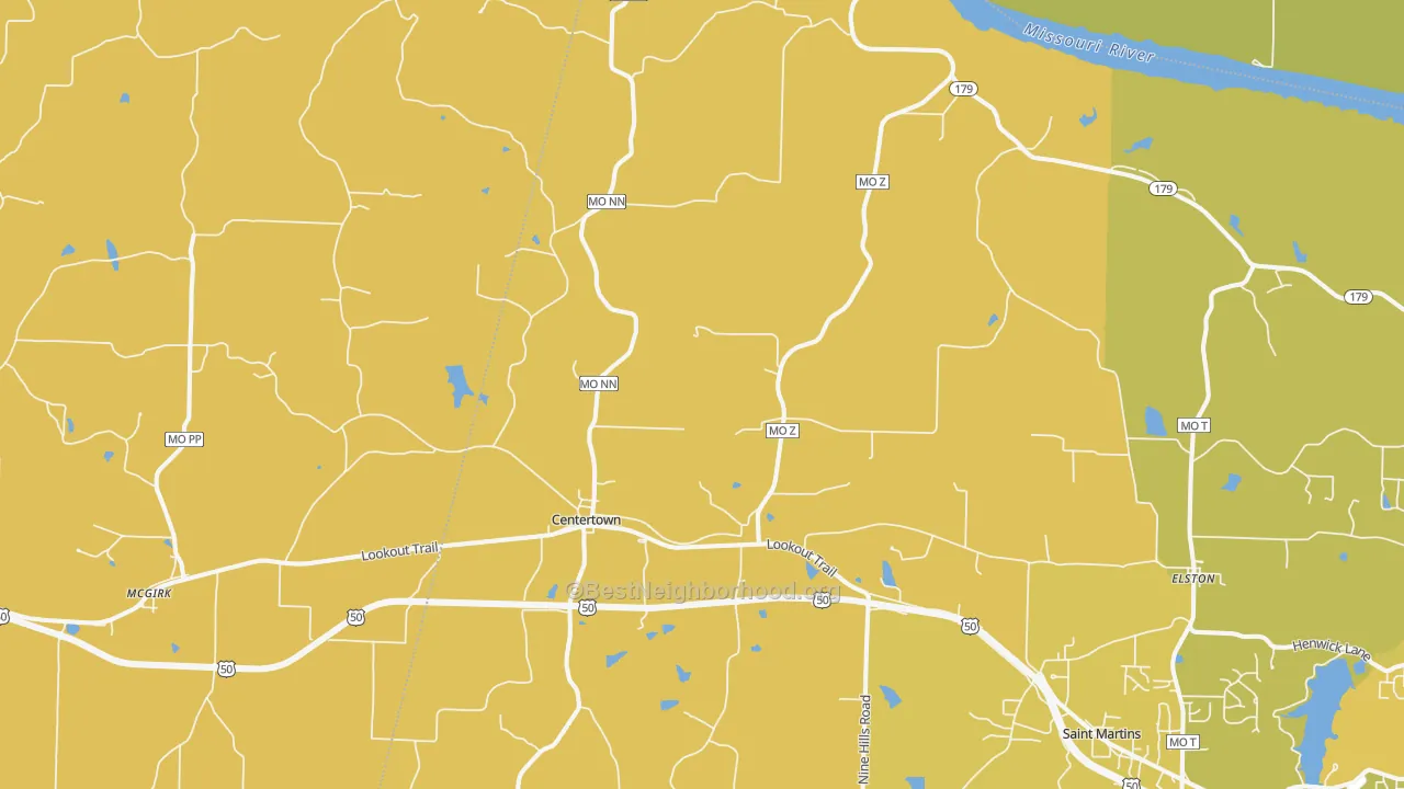 Map of the best neighborhoods in the 65023 area, with better matches in green and worse matches in red