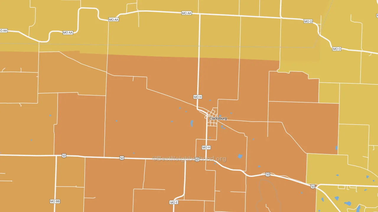 Map of the best neighborhoods in the 65025 area, with better matches in green and worse matches in red