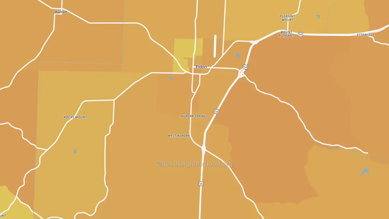 Map of the best neighborhoods in the 65026 area, with better matches in green and worse matches in red