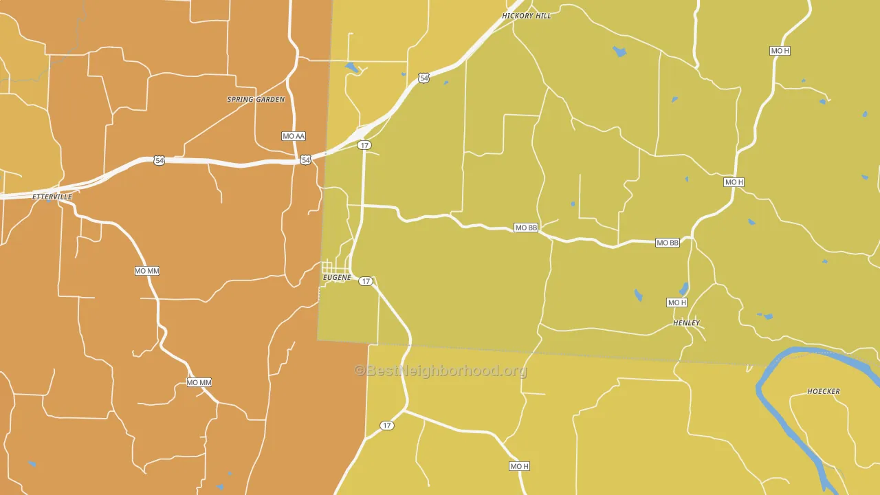 Map of the best neighborhoods in the 65032 area, with better matches in green and worse matches in red