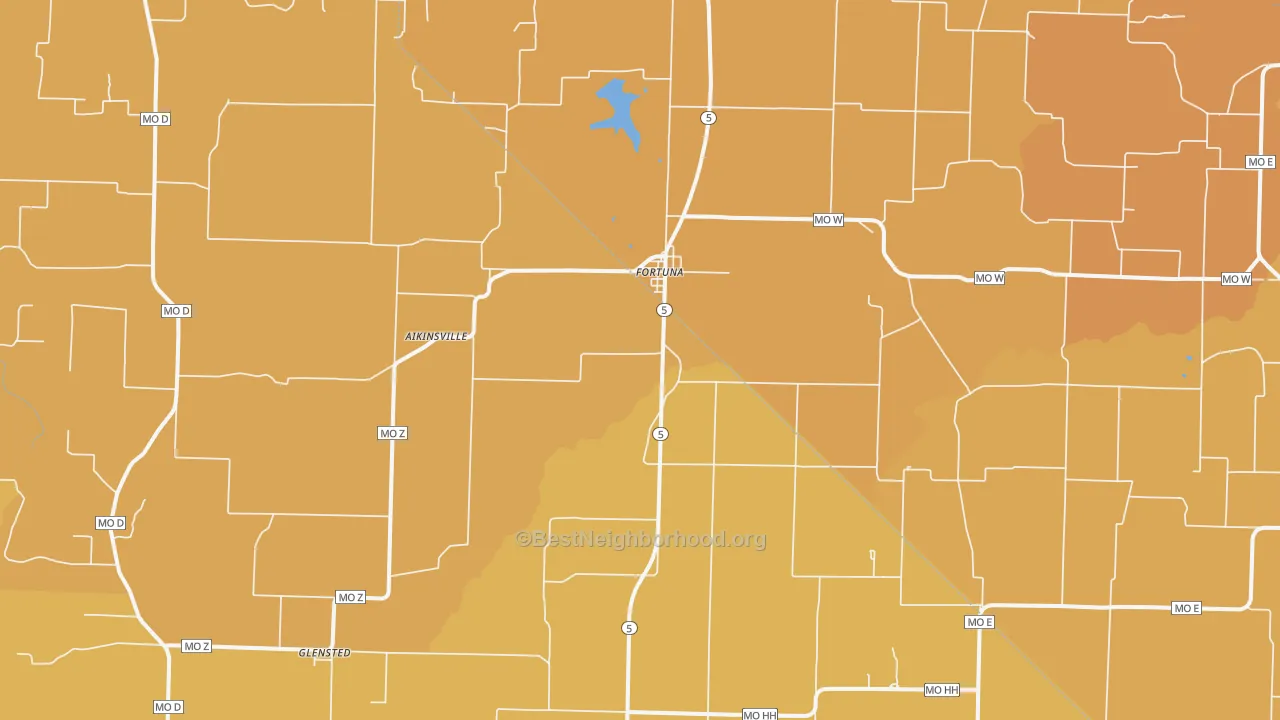 Map of the best neighborhoods in the 65034 area, with better matches in green and worse matches in red
