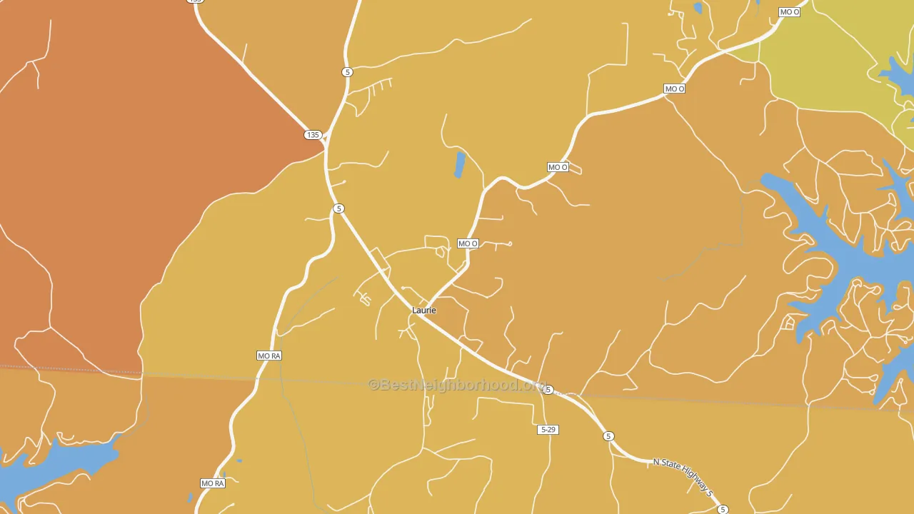 Map of the best neighborhoods in the 65038 area, with better matches in green and worse matches in red