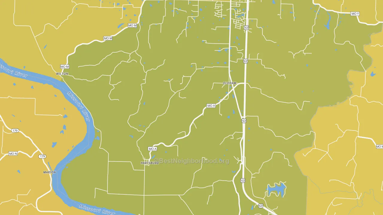 Map of the best neighborhoods in the 65039 area, with better matches in green and worse matches in red