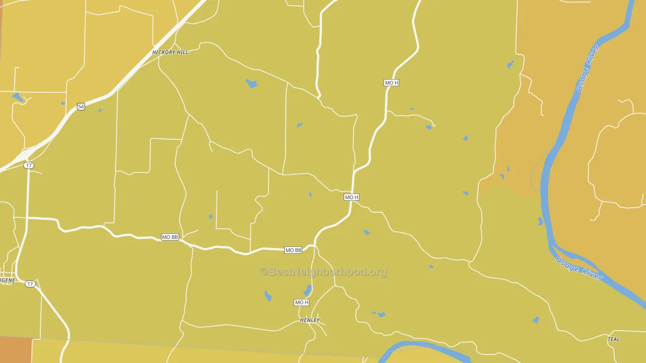 Map of the best neighborhoods in the 65040 area, with better matches in green and worse matches in red