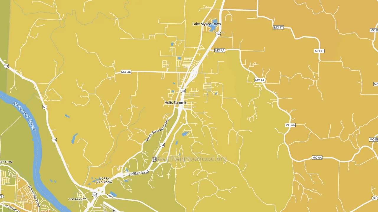 Map of the best neighborhoods in the 65043 area, with better matches in green and worse matches in red