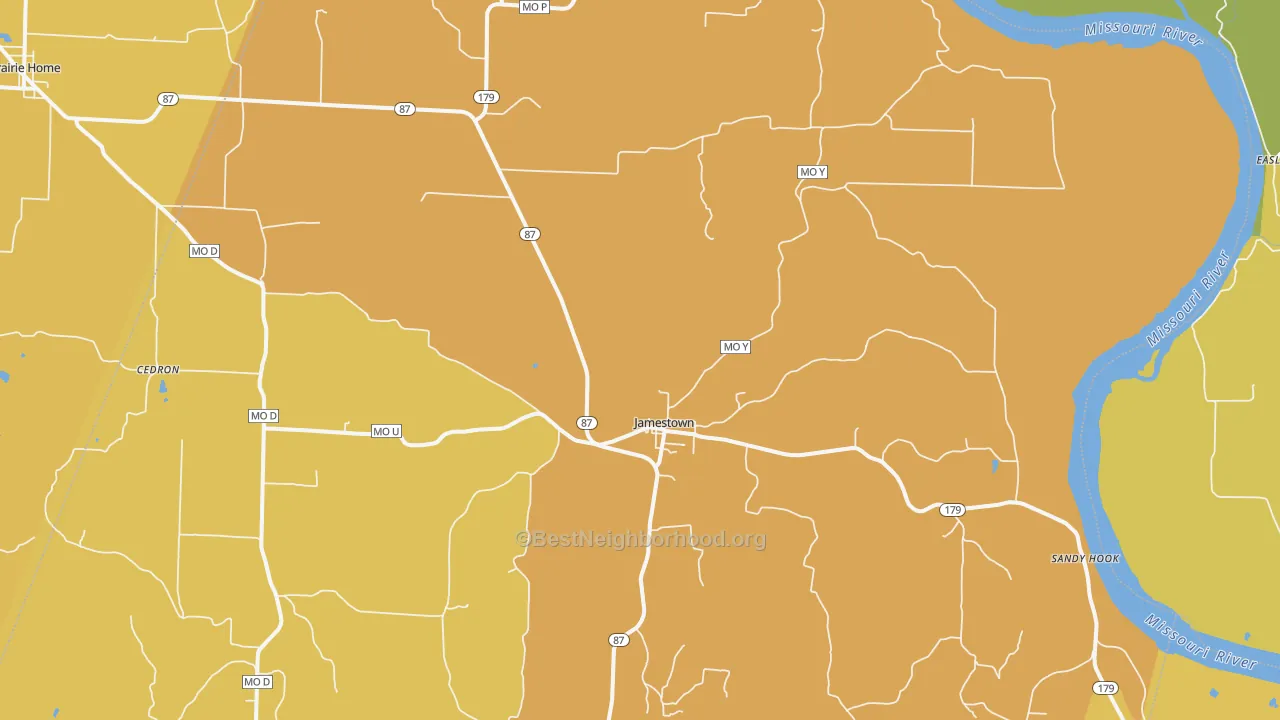 Map of the best neighborhoods in the 65046 area, with better matches in green and worse matches in red