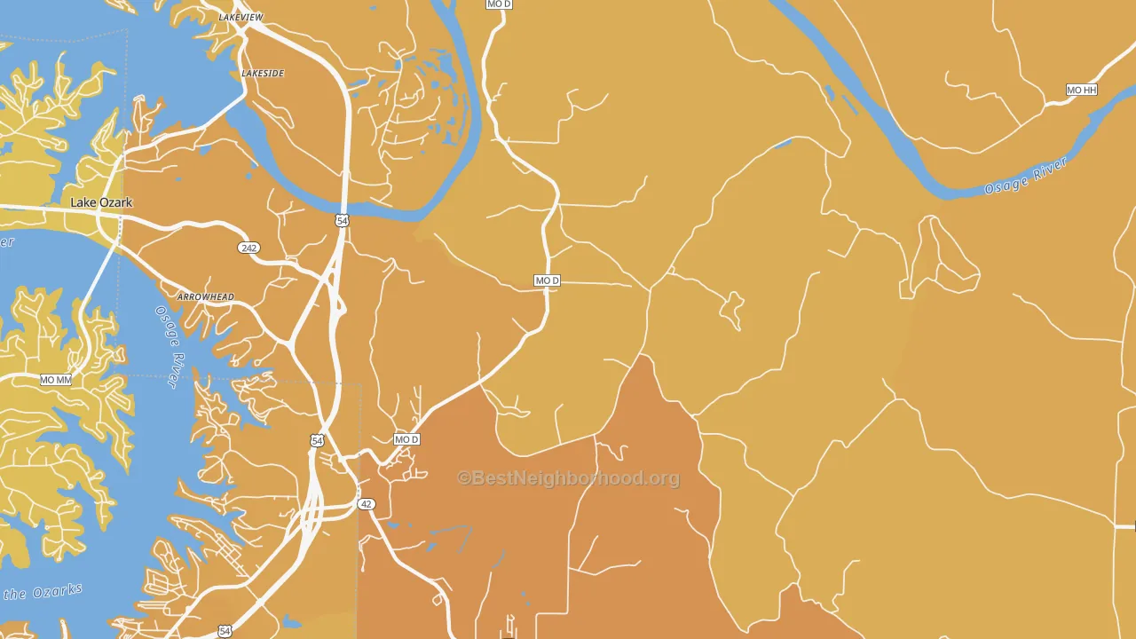 Map of the best neighborhoods in the 65047 area, with better matches in green and worse matches in red