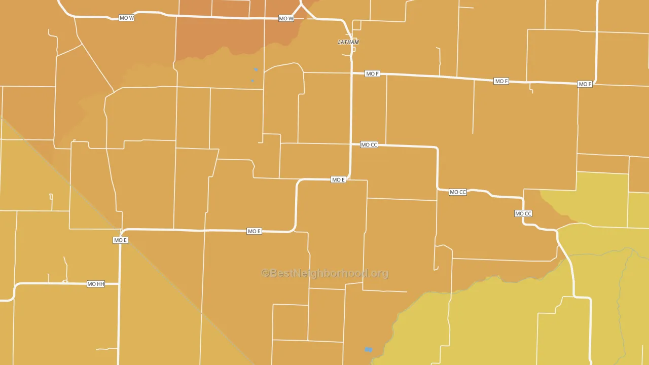 Map of the best neighborhoods in the 65050 area, with better matches in green and worse matches in red