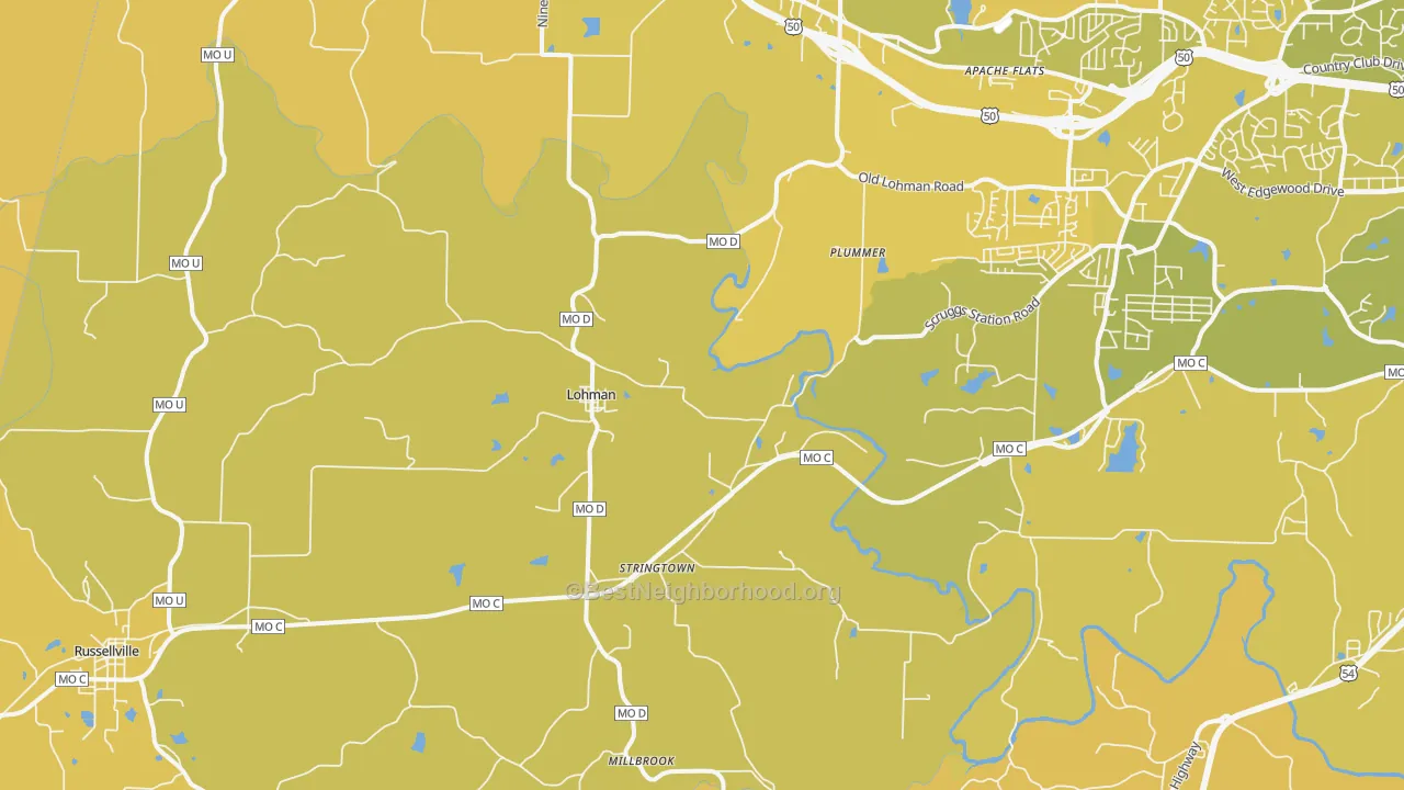 Map of the best neighborhoods in the 65053 area, with better matches in green and worse matches in red