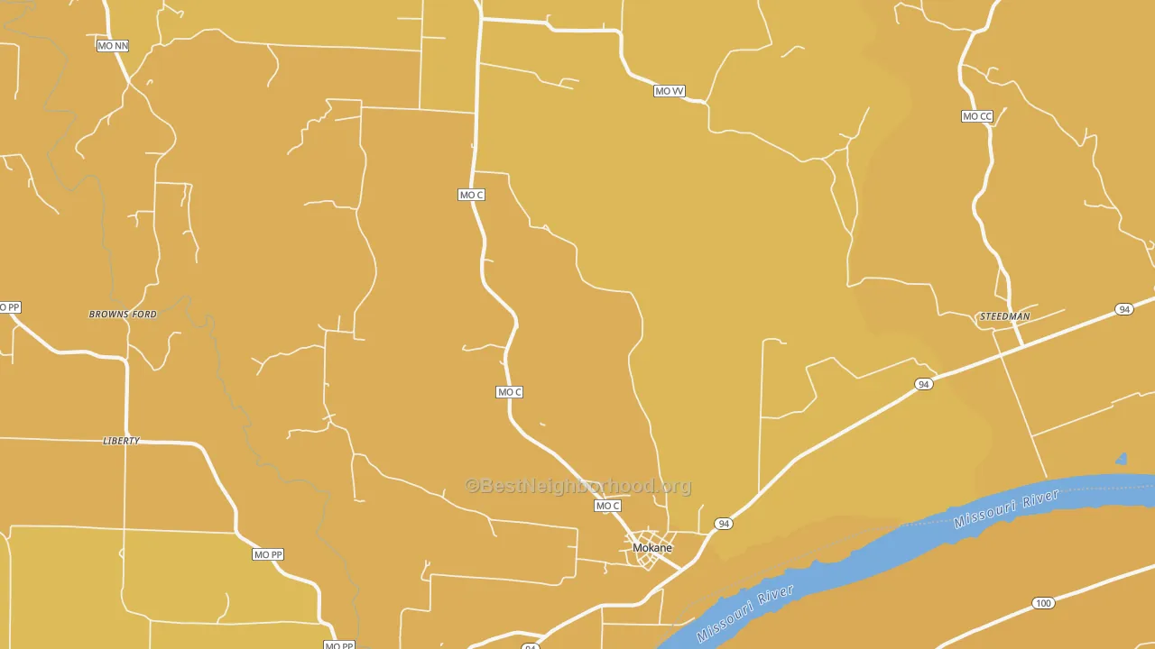 Map of the best neighborhoods in the 65059 area, with better matches in green and worse matches in red
