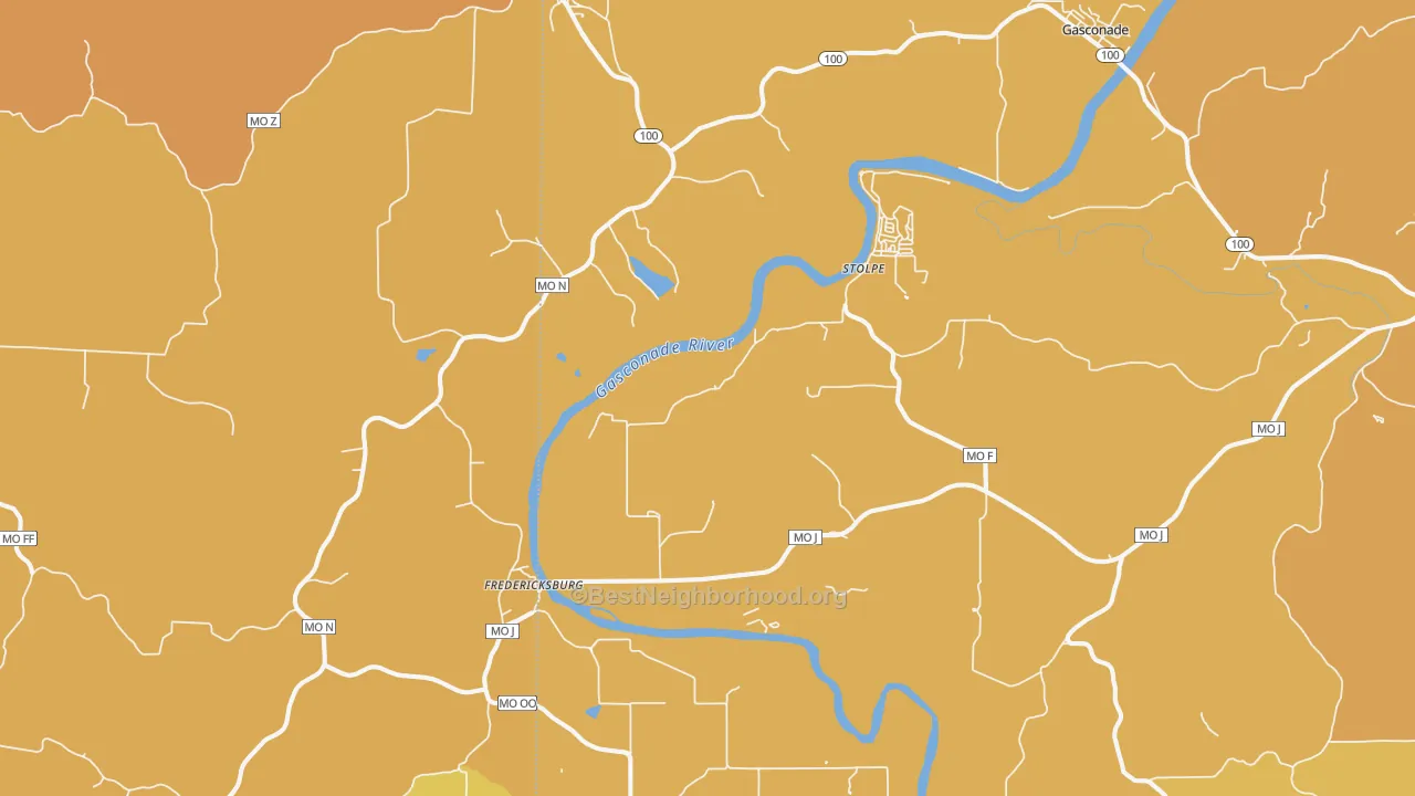 Map of the best neighborhoods in the 65061 area, with better matches in green and worse matches in red