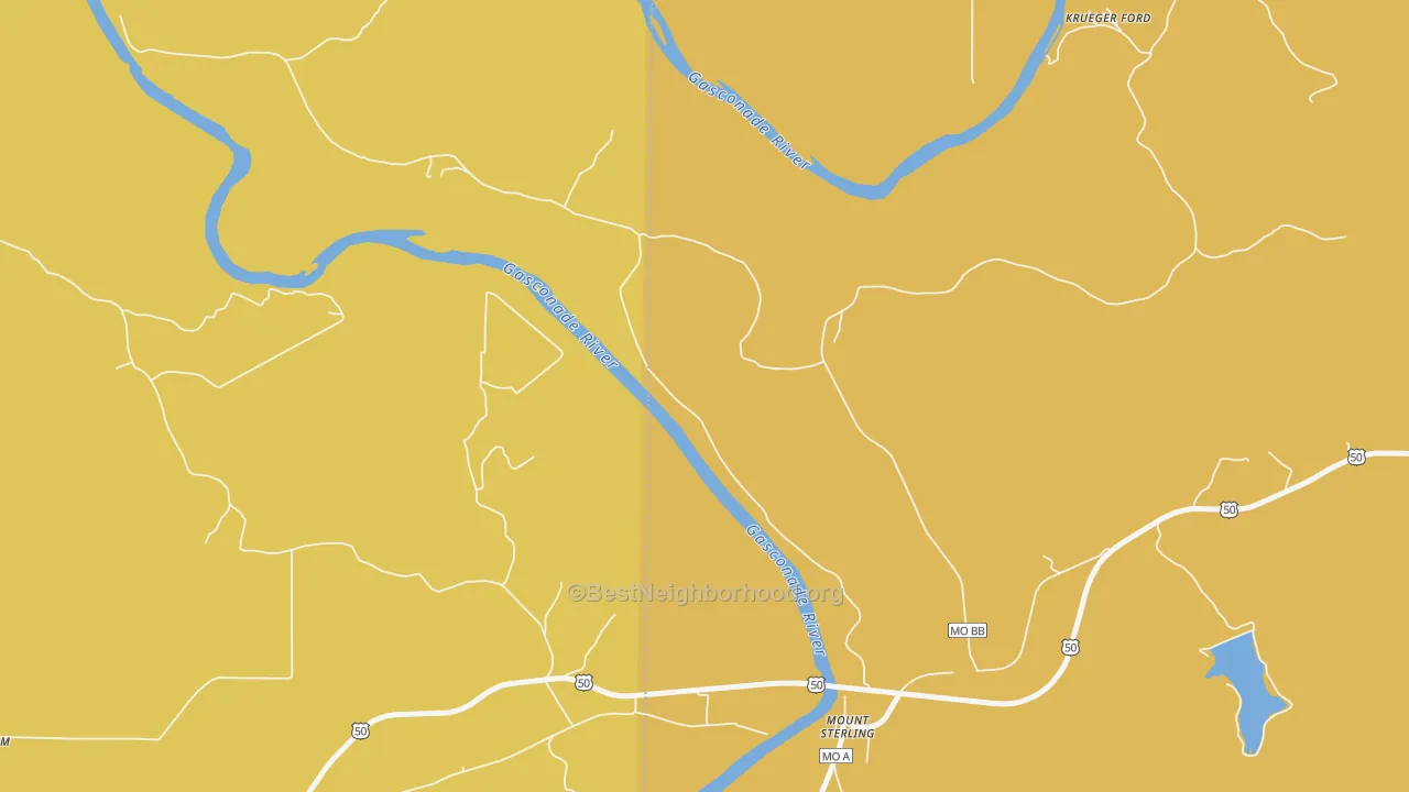 Map of the best neighborhoods in the 65062 area, with better matches in green and worse matches in red