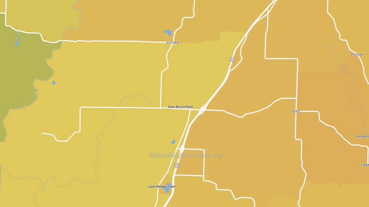 Map of the best neighborhoods in the 65063 area, with better matches in green and worse matches in red