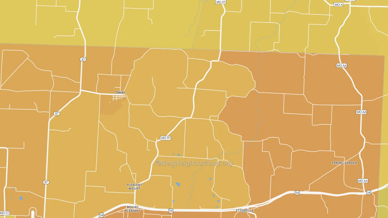 Map of the best neighborhoods in the 65064 area, with better matches in green and worse matches in red