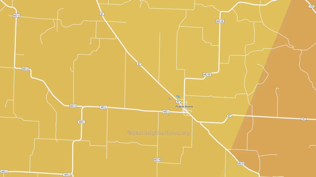 Map of the best neighborhoods in the 65068 area, with better matches in green and worse matches in red