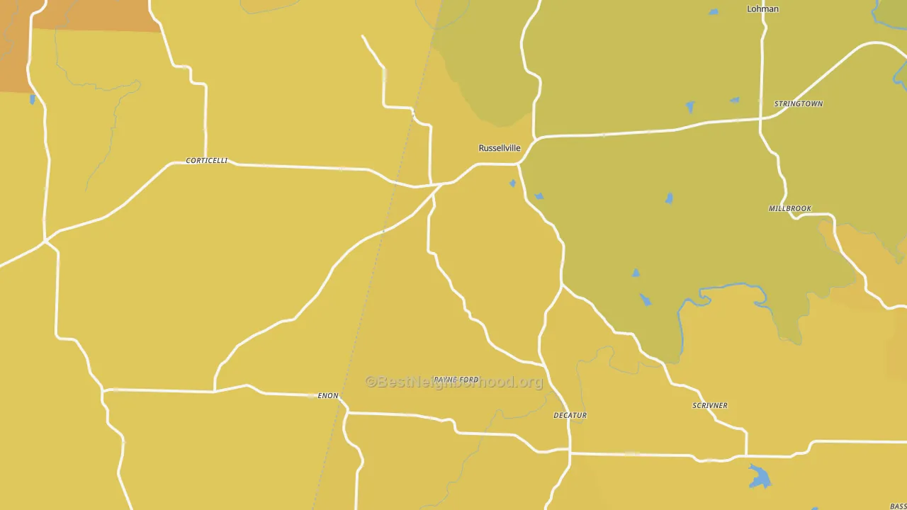 Map of the best neighborhoods in the 65074 area, with better matches in green and worse matches in red