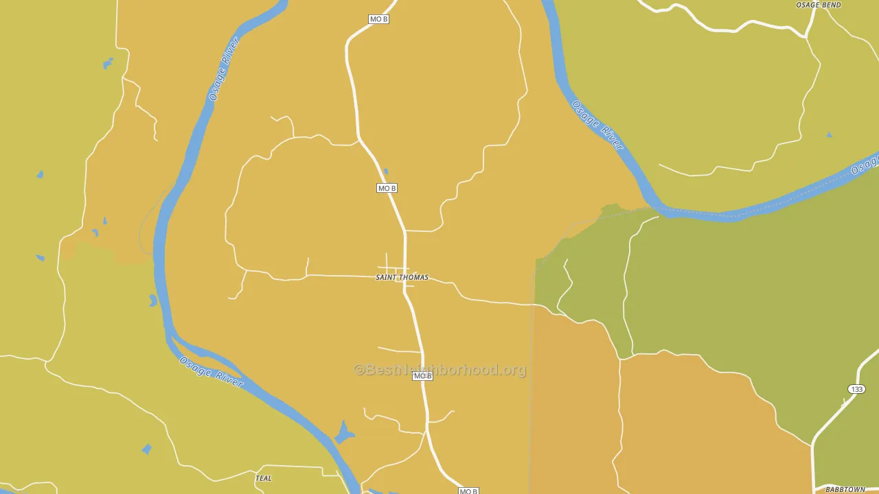 Map of the best neighborhoods in the 65076 area, with better matches in green and worse matches in red
