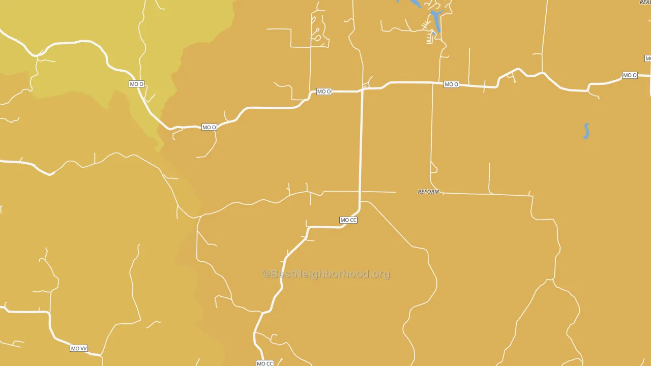 Map of the best neighborhoods in the 65077 area, with better matches in green and worse matches in red