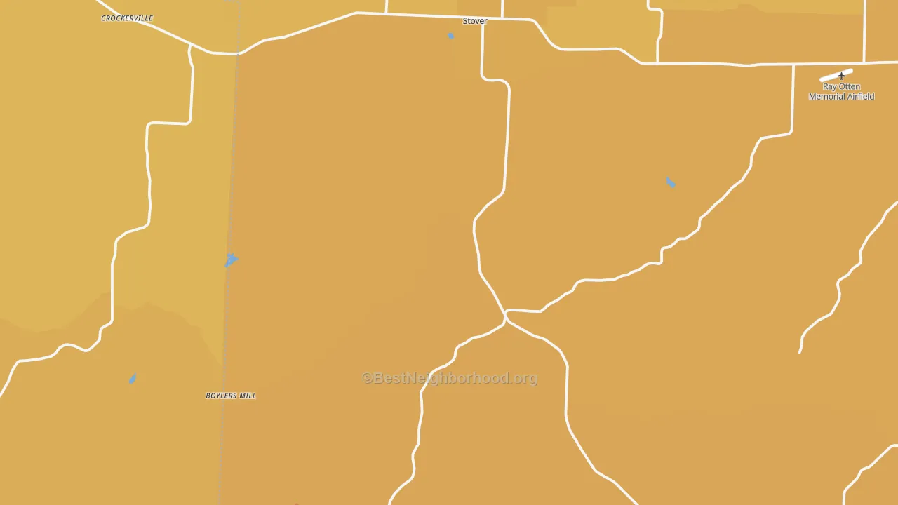 Map of the best neighborhoods in the 65078 area, with better matches in green and worse matches in red