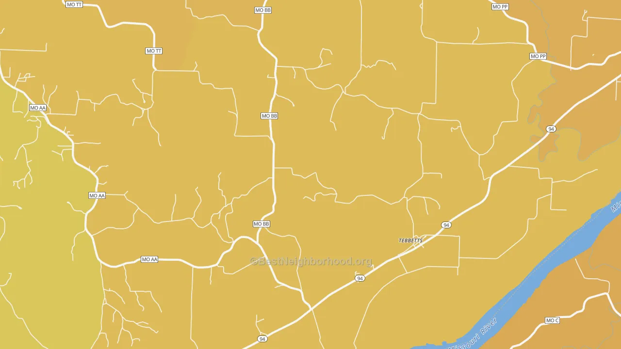 Map of the best neighborhoods in the 65080 area, with better matches in green and worse matches in red