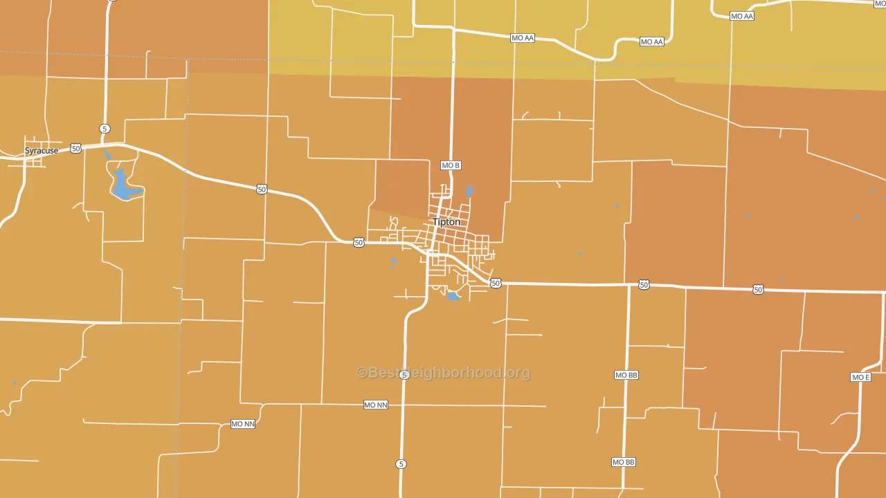 Map of the best neighborhoods in the 65081 area, with better matches in green and worse matches in red
