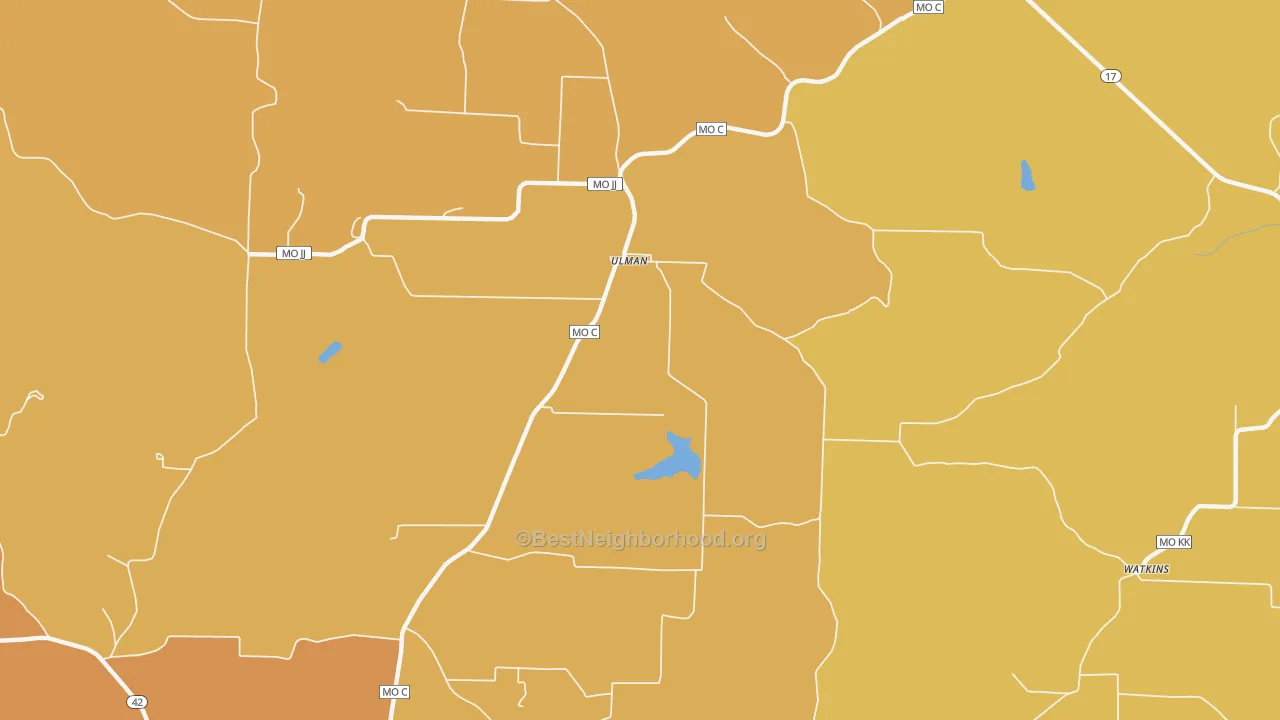 Map of the best neighborhoods in the 65083 area, with better matches in green and worse matches in red