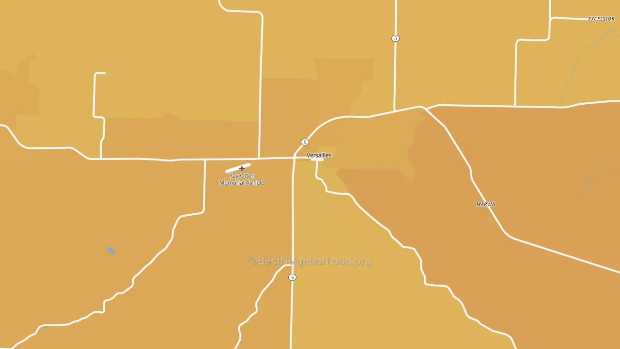 Map of the best neighborhoods in the 65084 area, with better matches in green and worse matches in red