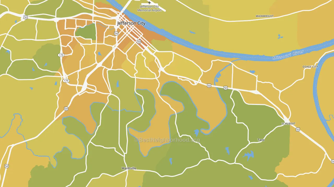 Map of the best neighborhoods in the 65101 area, with better matches in green and worse matches in red
