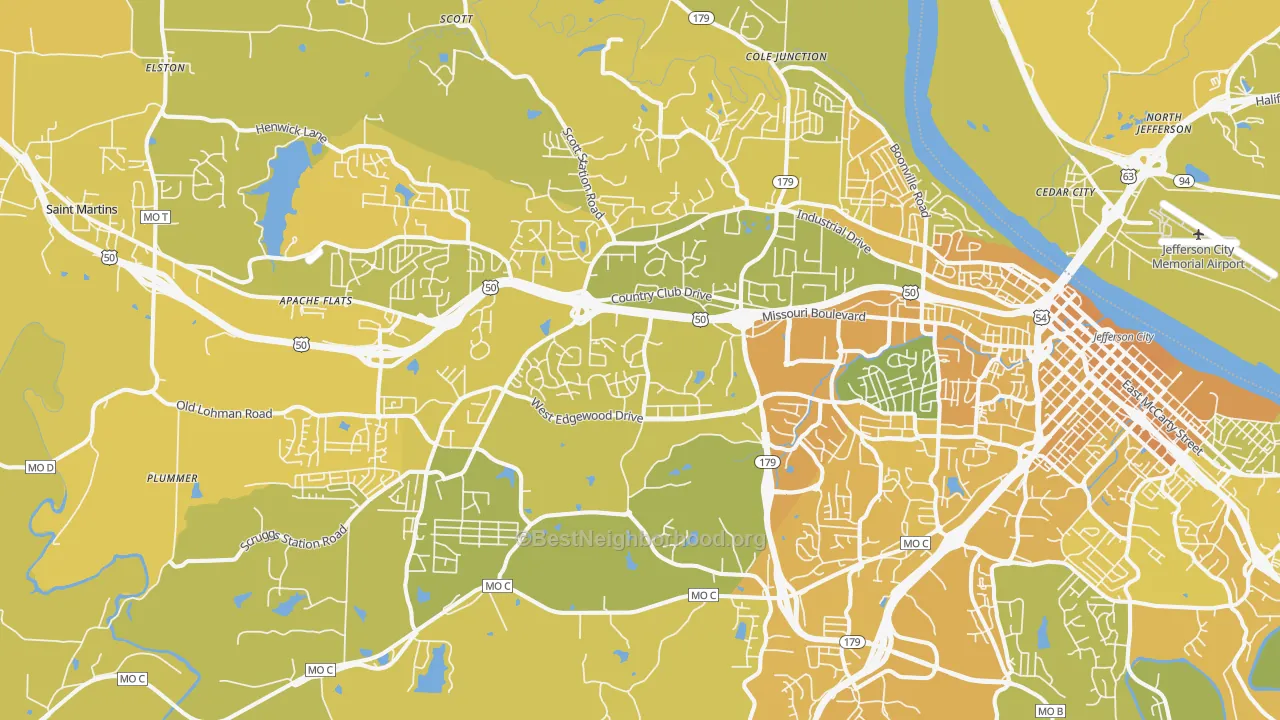 Map of the best neighborhoods in the 65109 area, with better matches in green and worse matches in red