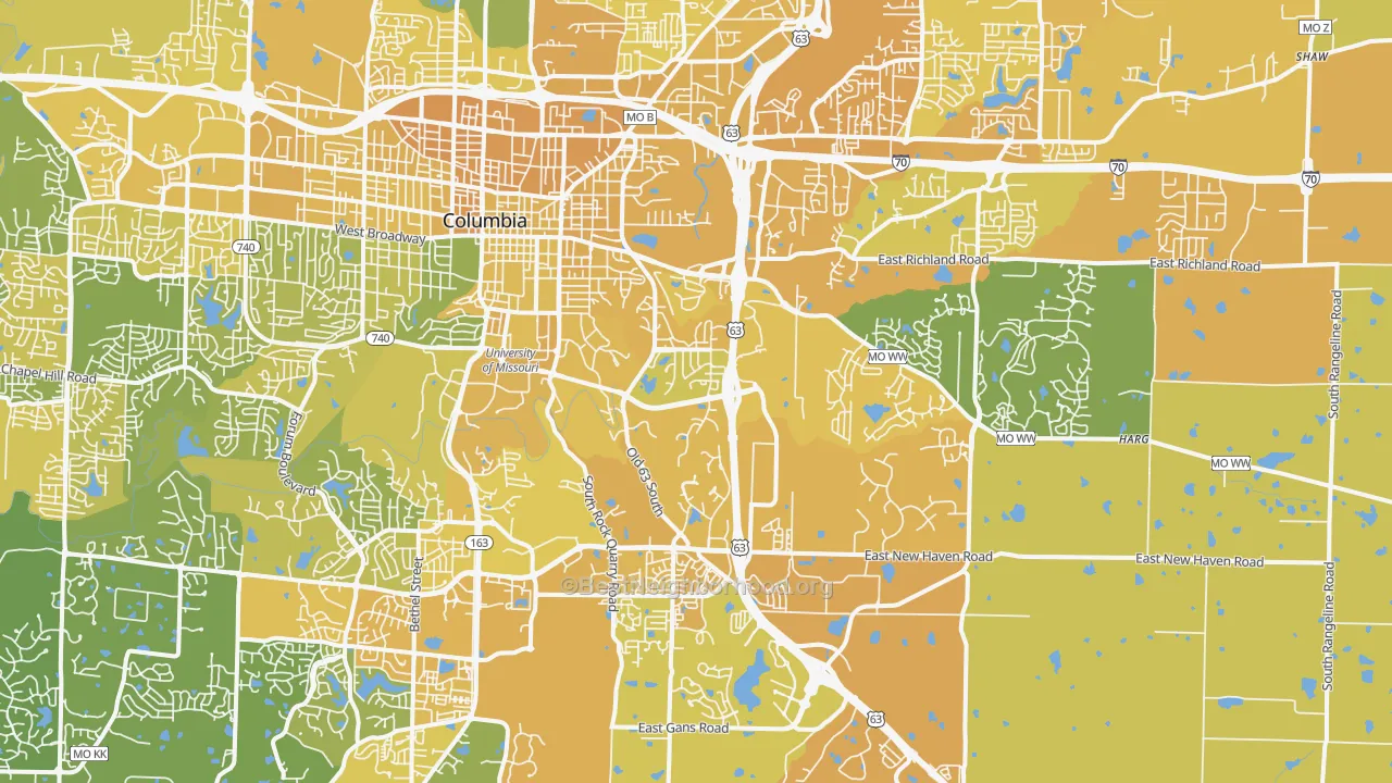 Map of the best neighborhoods in the 65201 area, with better matches in green and worse matches in red