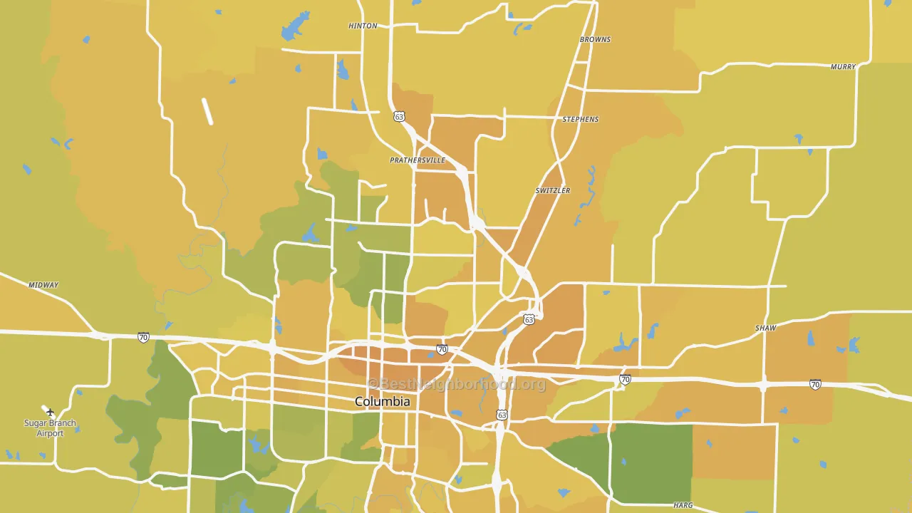 Map of the best neighborhoods in the 65202 area, with better matches in green and worse matches in red