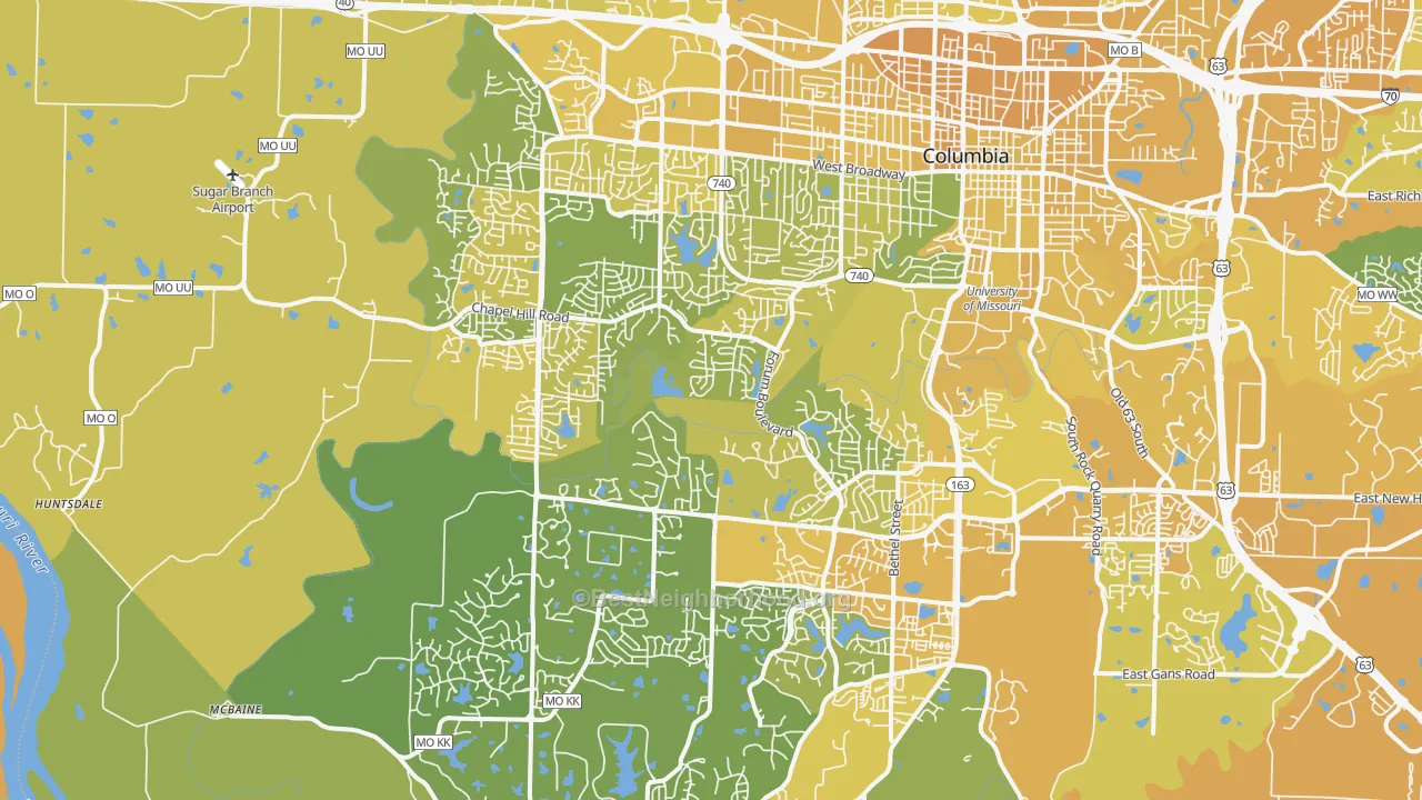 Map of the best neighborhoods in the 65203 area, with better matches in green and worse matches in red