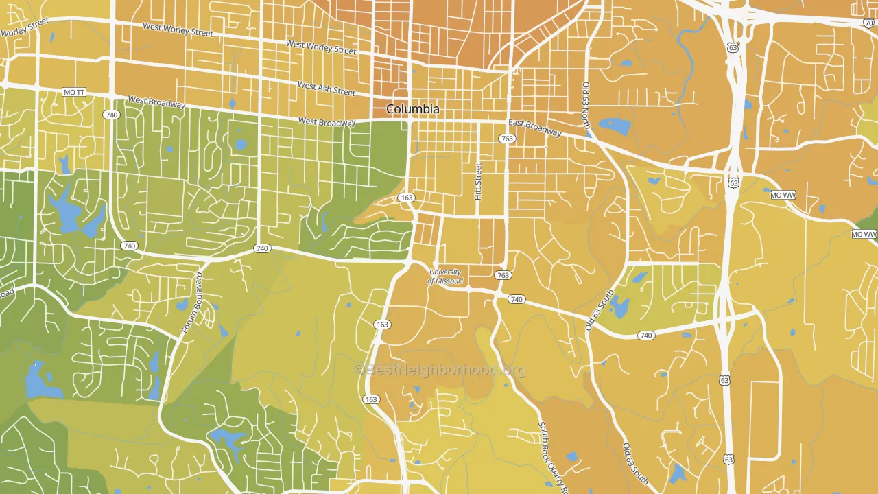 Map of the best neighborhoods in the 65211 area, with better matches in green and worse matches in red