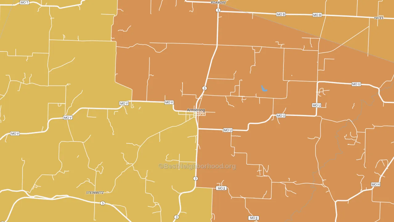Map of the best neighborhoods in the 65230 area, with better matches in green and worse matches in red