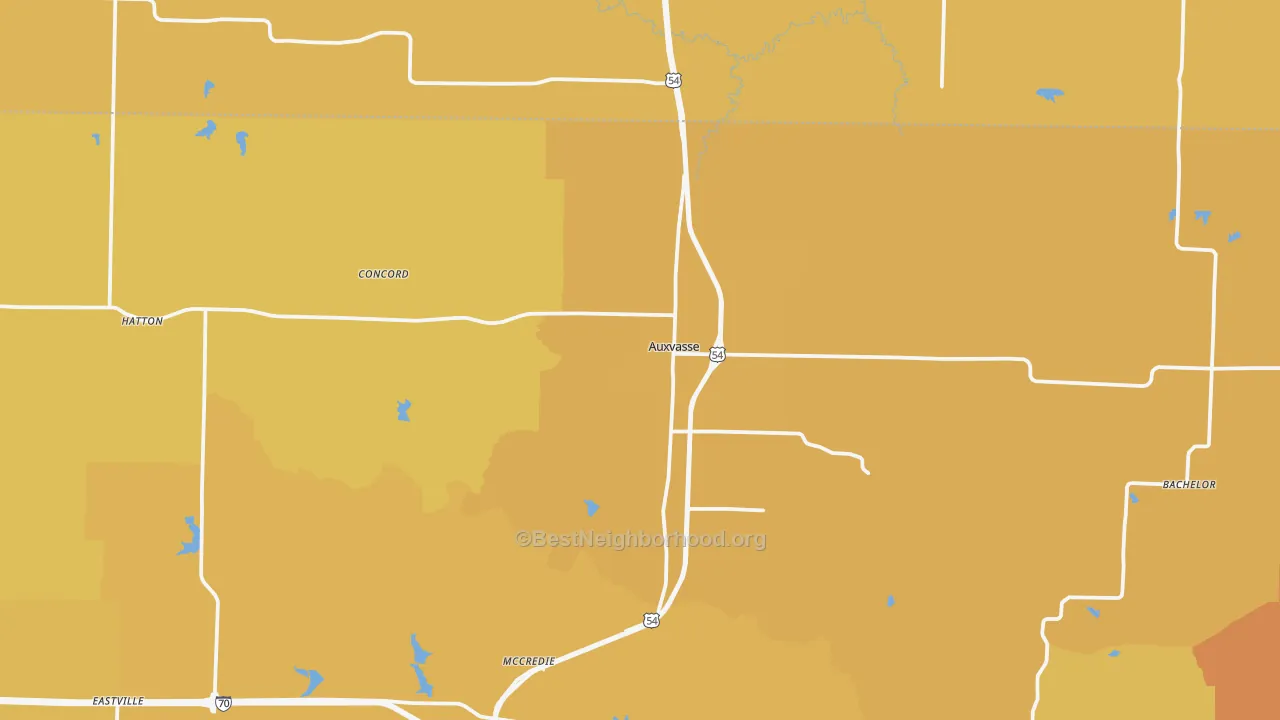 Map of the best neighborhoods in the 65231 area, with better matches in green and worse matches in red