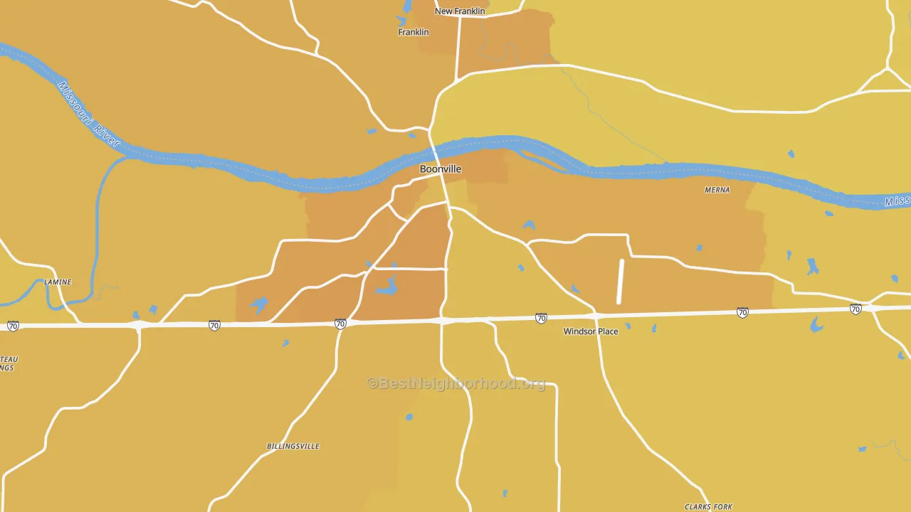 Map of the best neighborhoods in the 65233 area, with better matches in green and worse matches in red