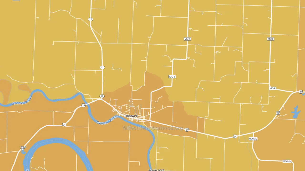 Map of the best neighborhoods in the 65236 area, with better matches in green and worse matches in red