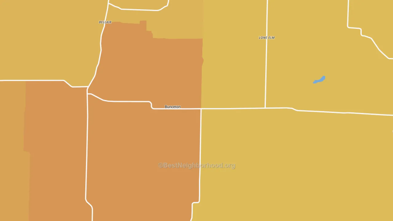 Map of the best neighborhoods in the 65237 area, with better matches in green and worse matches in red