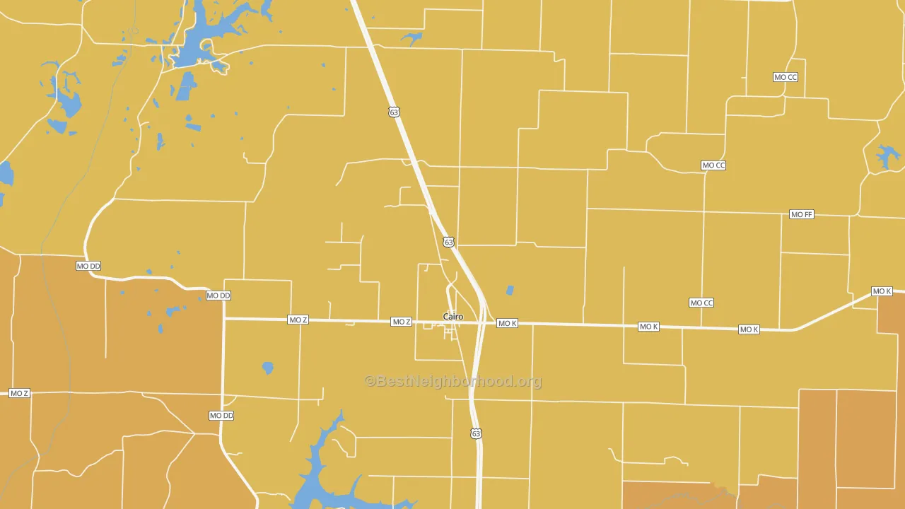 Map of the best neighborhoods in the 65239 area, with better matches in green and worse matches in red