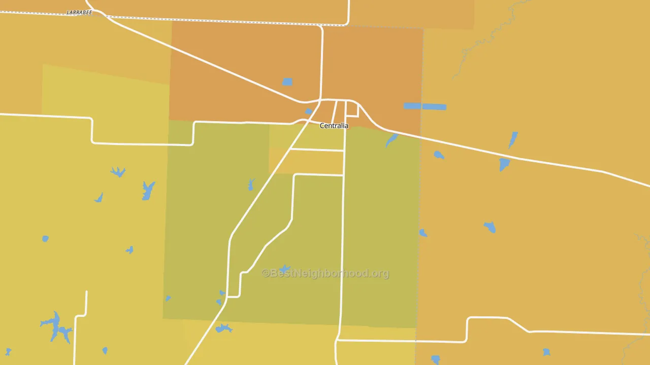 Map of the best neighborhoods in the 65240 area, with better matches in green and worse matches in red