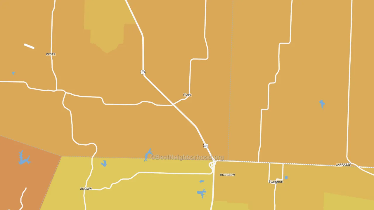 Map of the best neighborhoods in the 65243 area, with better matches in green and worse matches in red