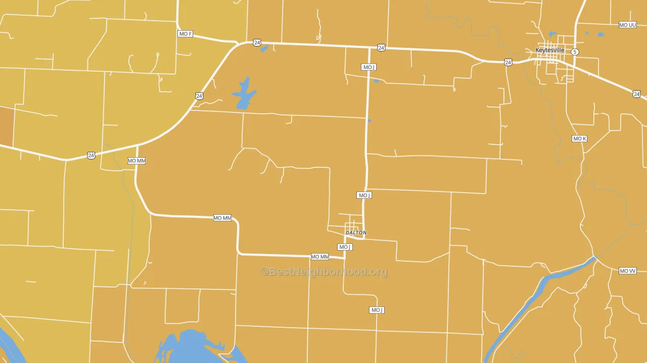 Map of the best neighborhoods in the 65246 area, with better matches in green and worse matches in red
